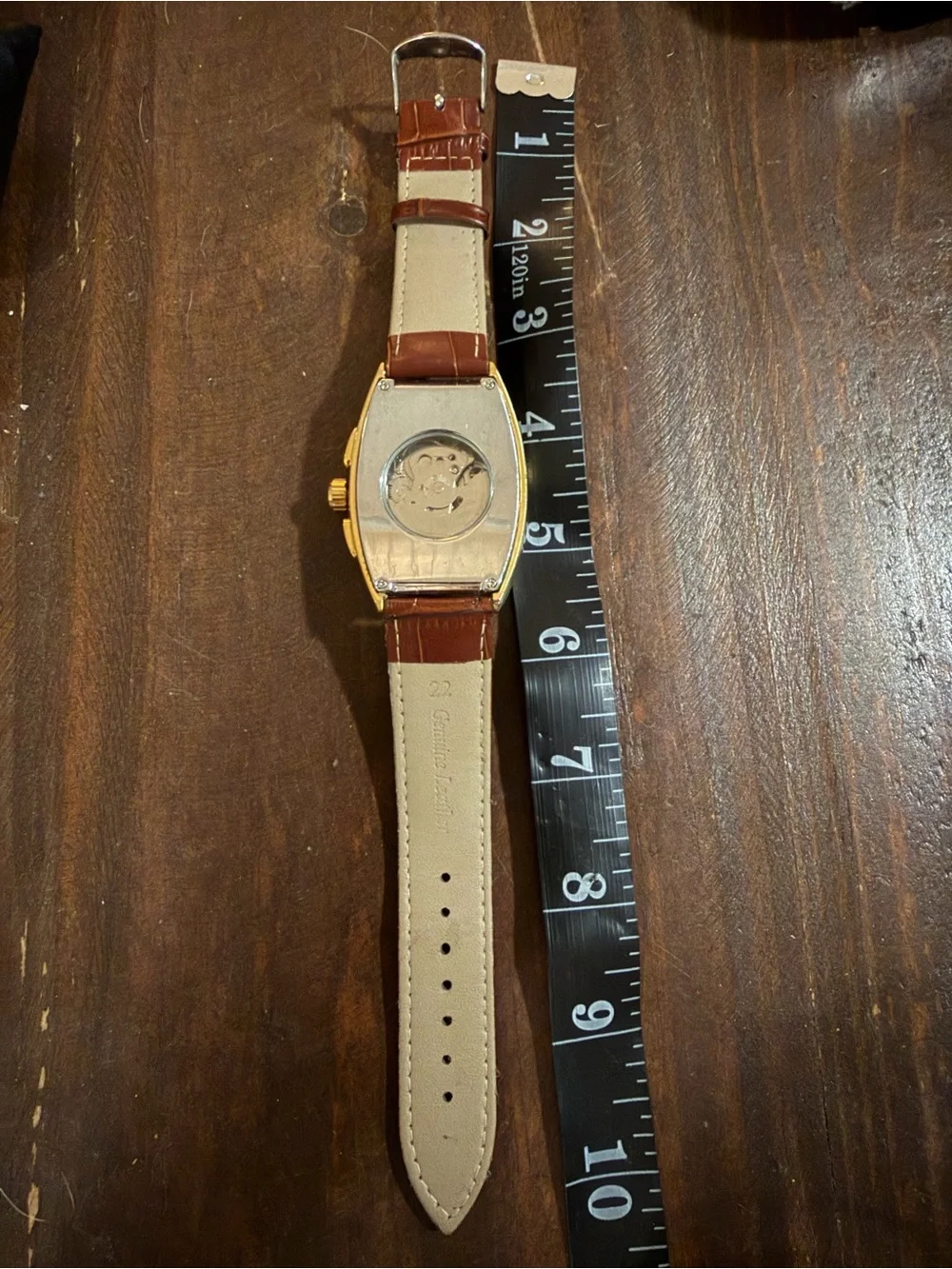 SEWUR Gold-Toned Bold Tonneau Face with Brown Leather Band